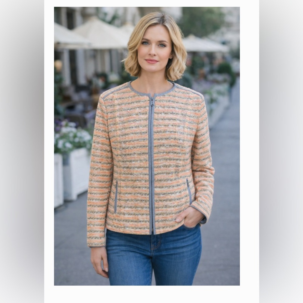 Bogner Women's tweed  Peach and Gray Striped Blazer full zip size 12